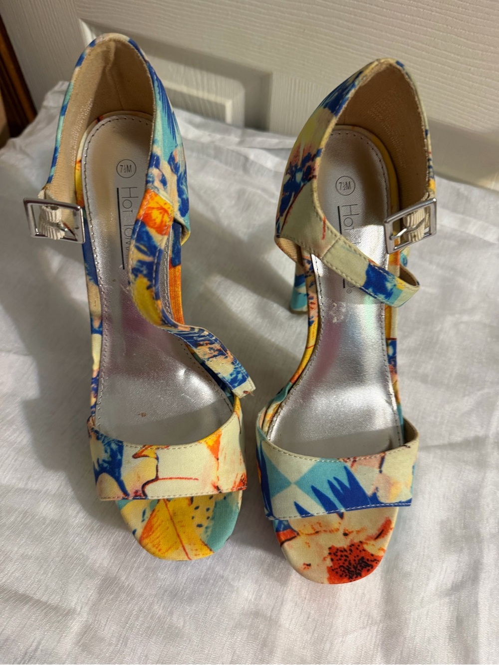Hot Tomato Floral Strap Heels in Yellow, Blue and Orange